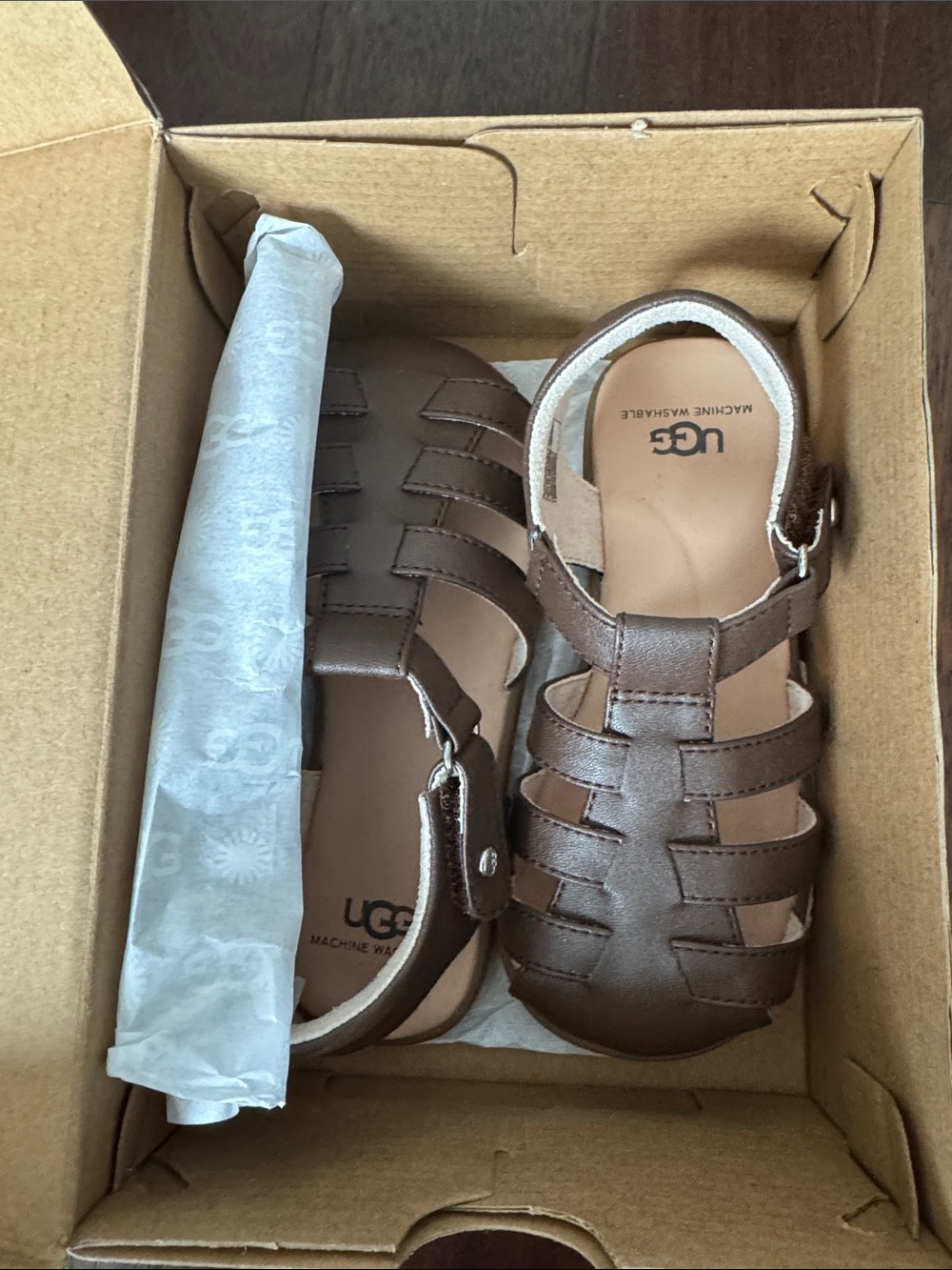 UGG Brown Leather Cage Sandals with Ankle Strap